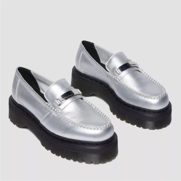 Dr. Martens Shoes - Dr. Martens Silver Leather Penton II Quad Platform Loafers